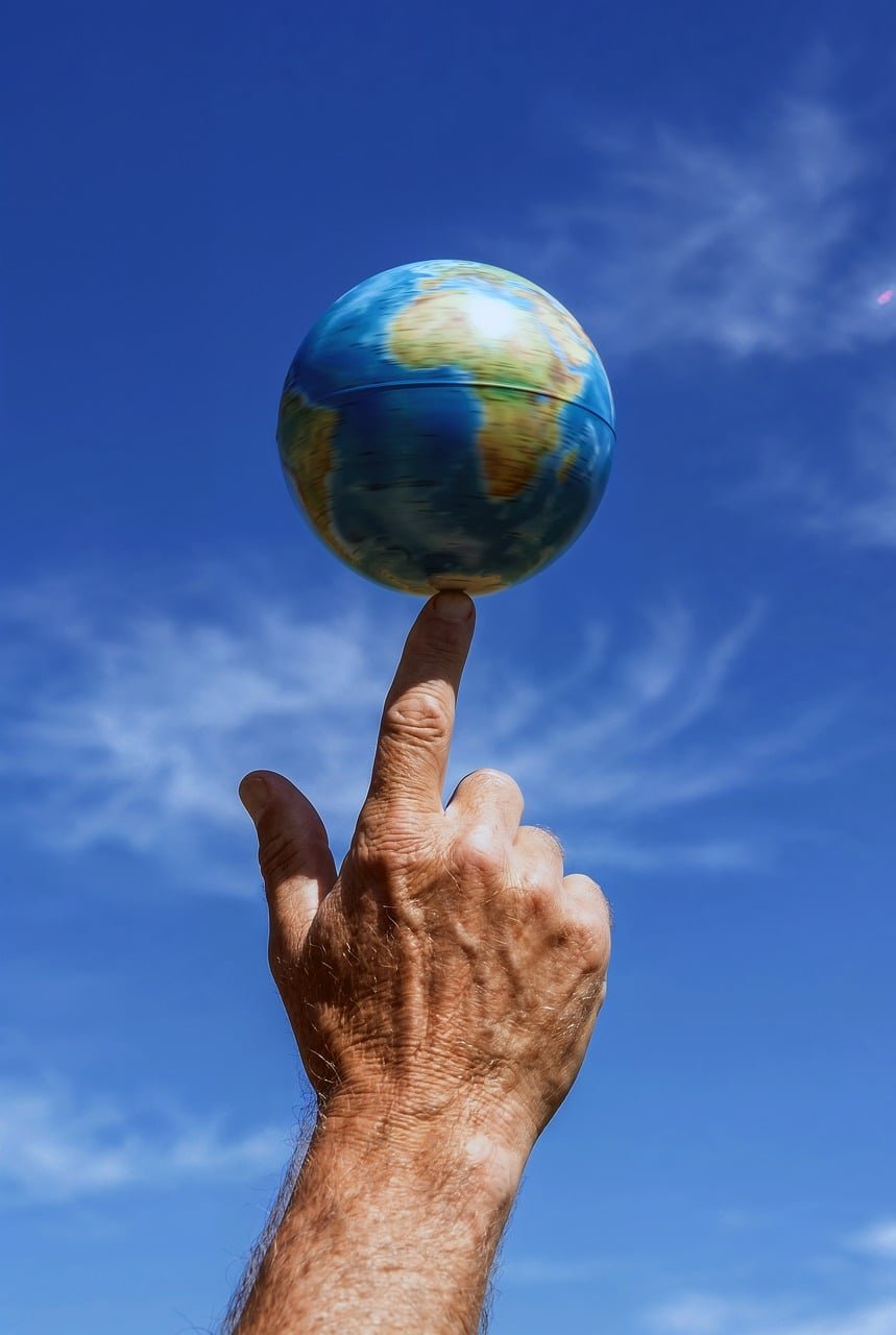 earth, nature, globe, hand, balance, finger, blue sky, sky, planet, global, environment, responsibility, fragile, ecology, support, future, unity, blue, reach, humanity, care